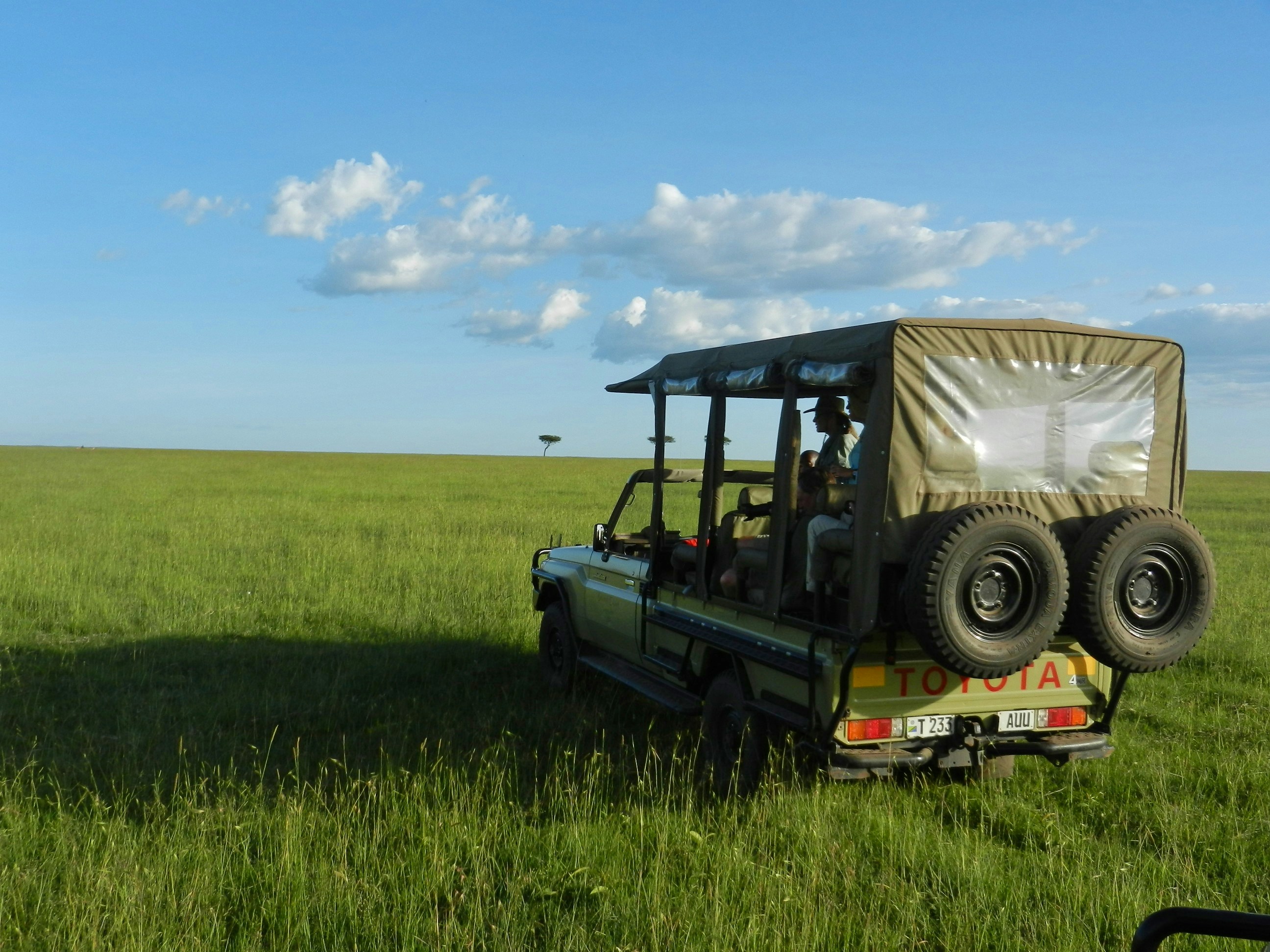 Wildlife photographer on safari game drive at golden hour